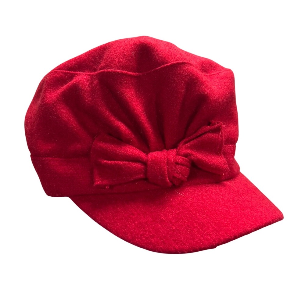 VTG Y2K Womens Red Newsboy Cadet Hat Bow Retro Euro Chic Parisian Coquette
